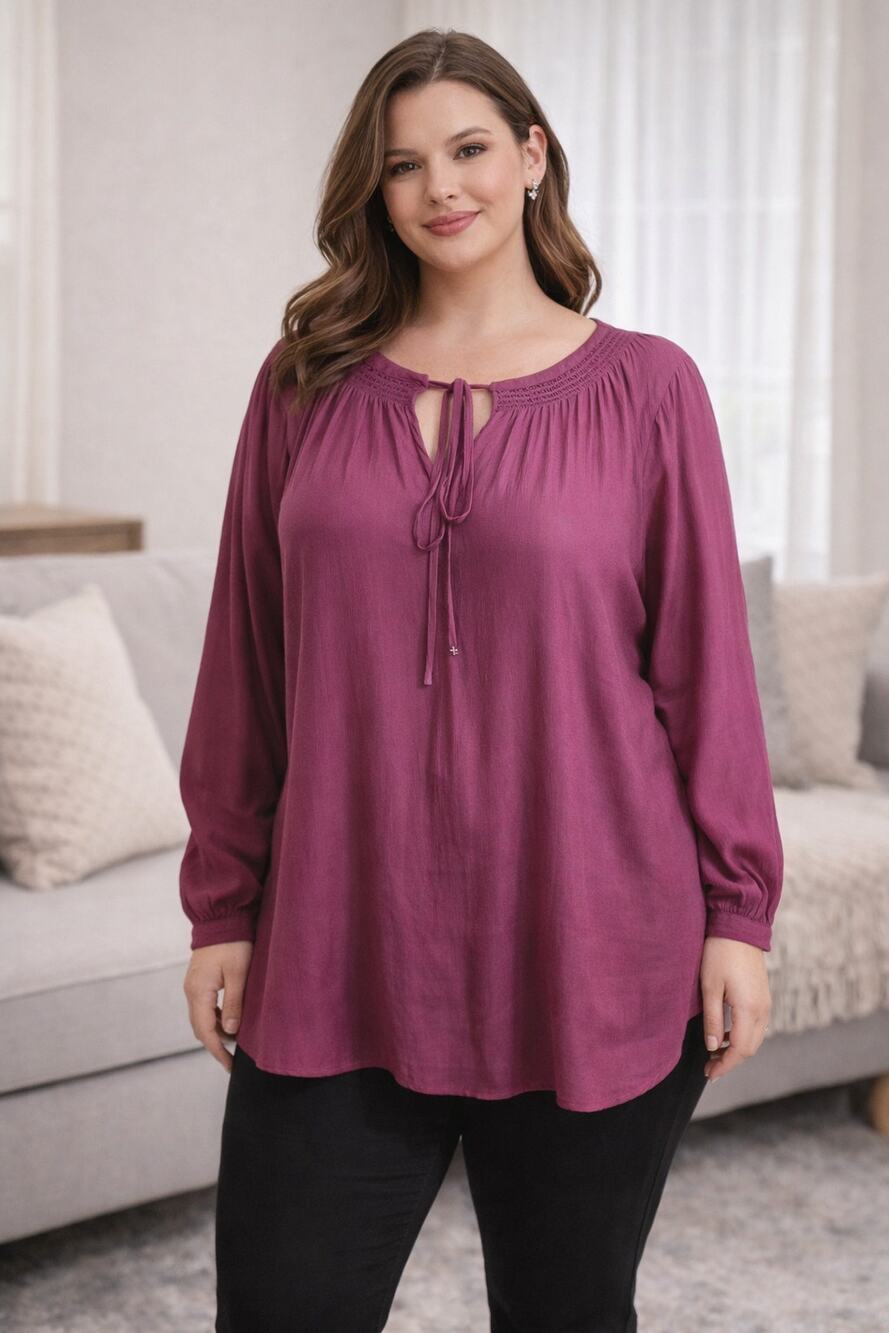 Torrid 2X Magenta Peasant Blouse Tie Neck Flowy Tunic Boho Balloon Sleeve